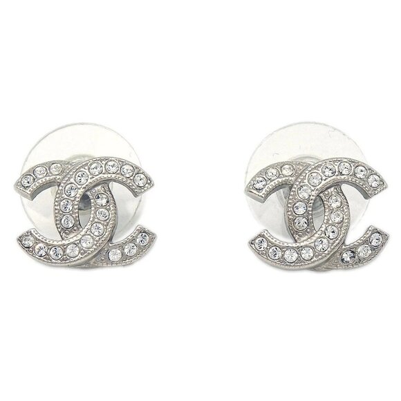 Chanel CC Pierced Earrings Silver Rhinestone F19V 117797 - Picture 1 of 8